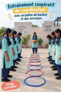Une femme s'exerçant au basketball avec des cerceaux pour améliorer sa coordination.