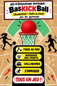 Une équipe jouant à BasKICKBall sur un terrain extérieur ensoleillé, mêlant basketball et kickball.