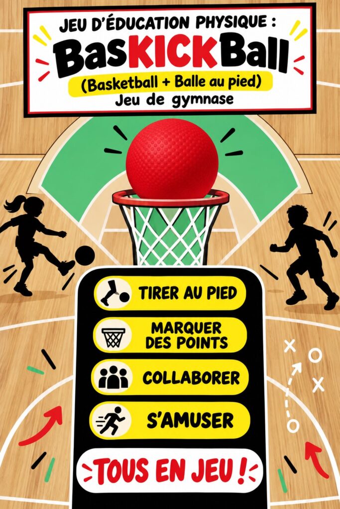 Une équipe jouant à BasKICKBall sur un terrain extérieur ensoleillé, mêlant basketball et kickball.