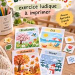 Un exercice ludique représentant les 4 saisons, avec des enfants en activités créatives.