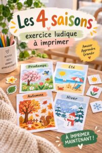 Un exercice ludique représentant les 4 saisons, avec des enfants en activités créatives.