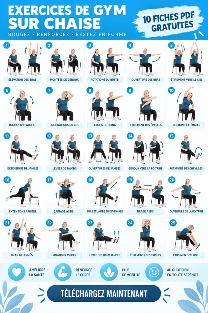 Femme effectuant des exercices sur une chaise dans un environnement confortable, illustrant l'activité physique accessible.