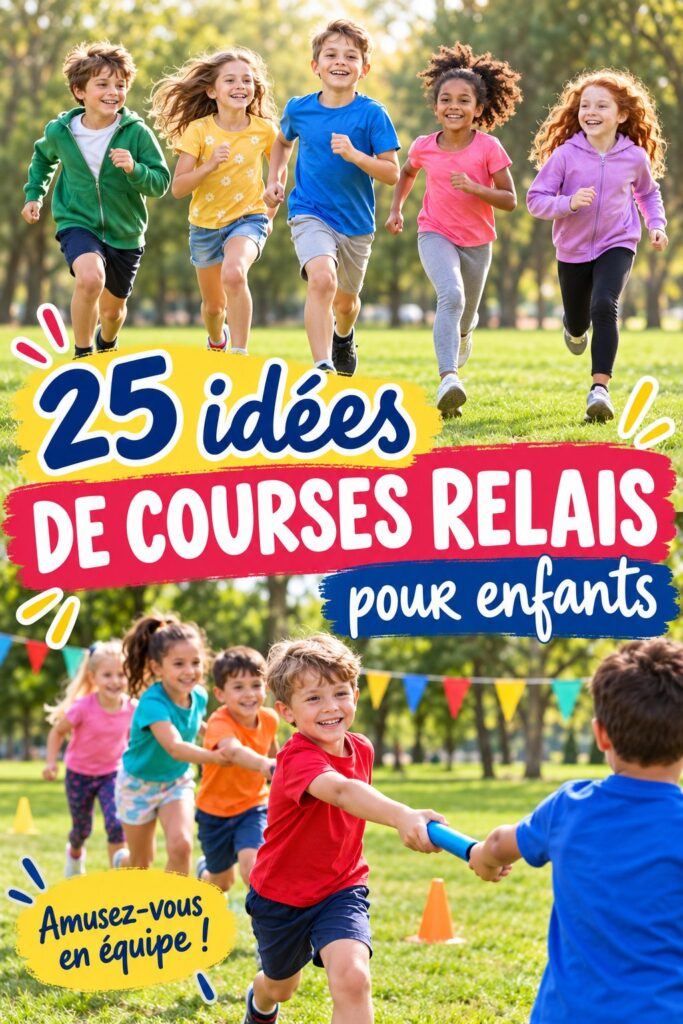 Deux enfants en train de courir lors d'une course relais en plein air, avec des sourires aux lèvres.