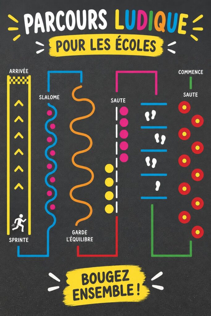 Jeunes enfants jouant sur un terrain de jeu marqué avec des motifs colorés et éducatifs à l'école.