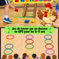 Un enfant souriant jouant au jeu du poulet qui grimpe, lançant une balle sous-main avec enthousiasme.