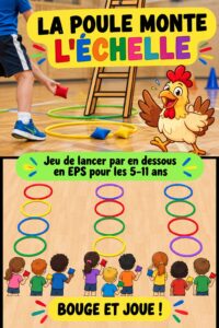 Un enfant souriant jouant au jeu du poulet qui grimpe, lançant une balle sous-main avec enthousiasme.
