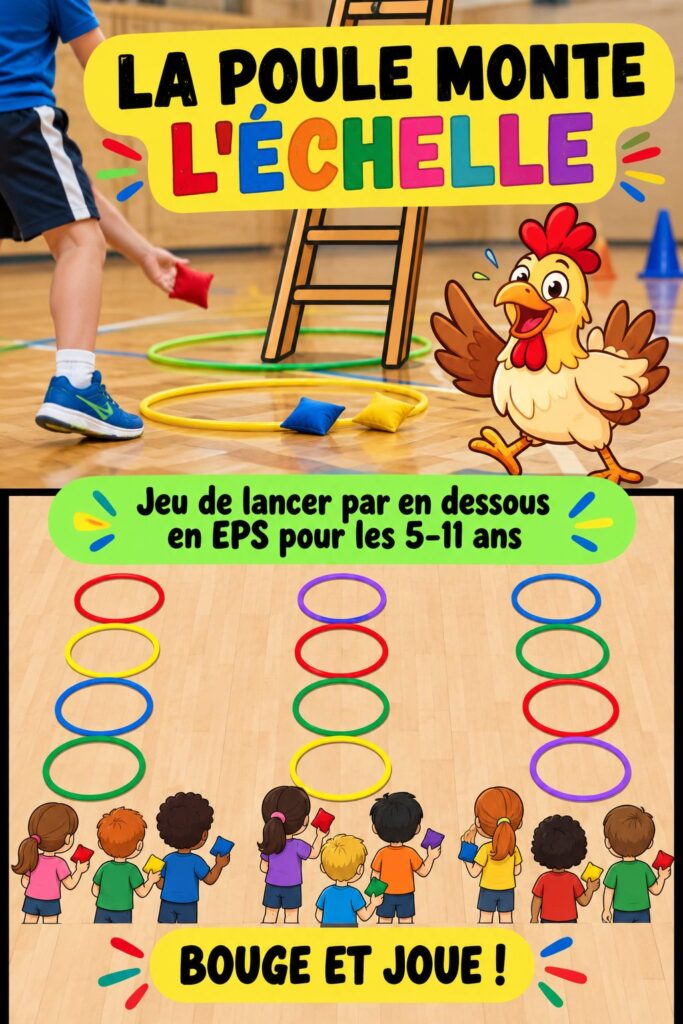 Un enfant souriant jouant au jeu du poulet qui grimpe, lançant une balle sous-main avec enthousiasme.
