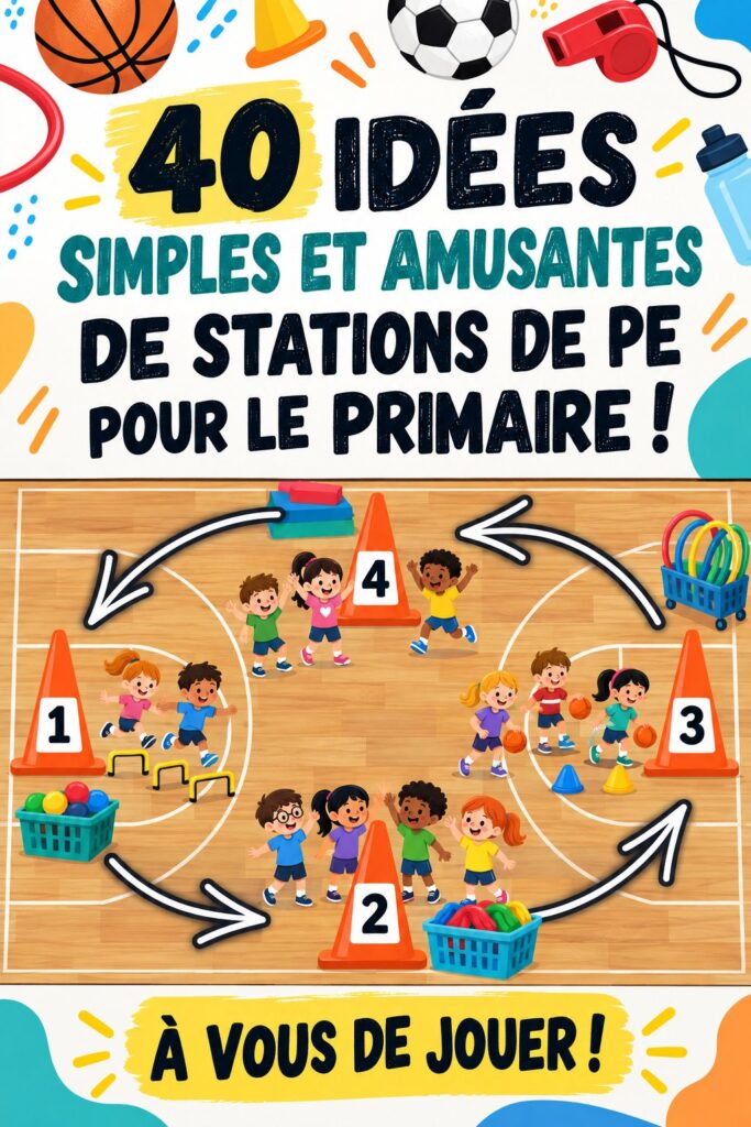Des enfants jouent à des stations d'éducation physique en extérieur.