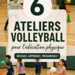 Séance de volley avec des élèves s'amusant autour de stations d'exercices.