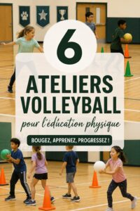 Séance de volley avec des élèves s'amusant autour de stations d'exercices.